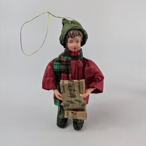 Paper Mache Boy Caroler Christmas Ornament Unique Plastic Handmade Old Fashioned